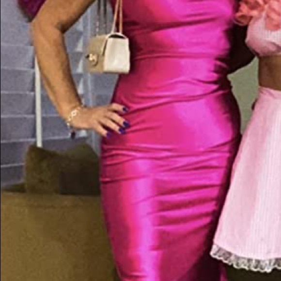 Neon Pink Satin MIDI Slip Dress - Picture 3 of 6